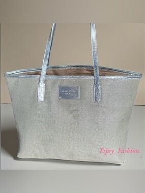 Michael Kors Beige Canvas Tote Silver Metallic Trim Lightweight Everyday